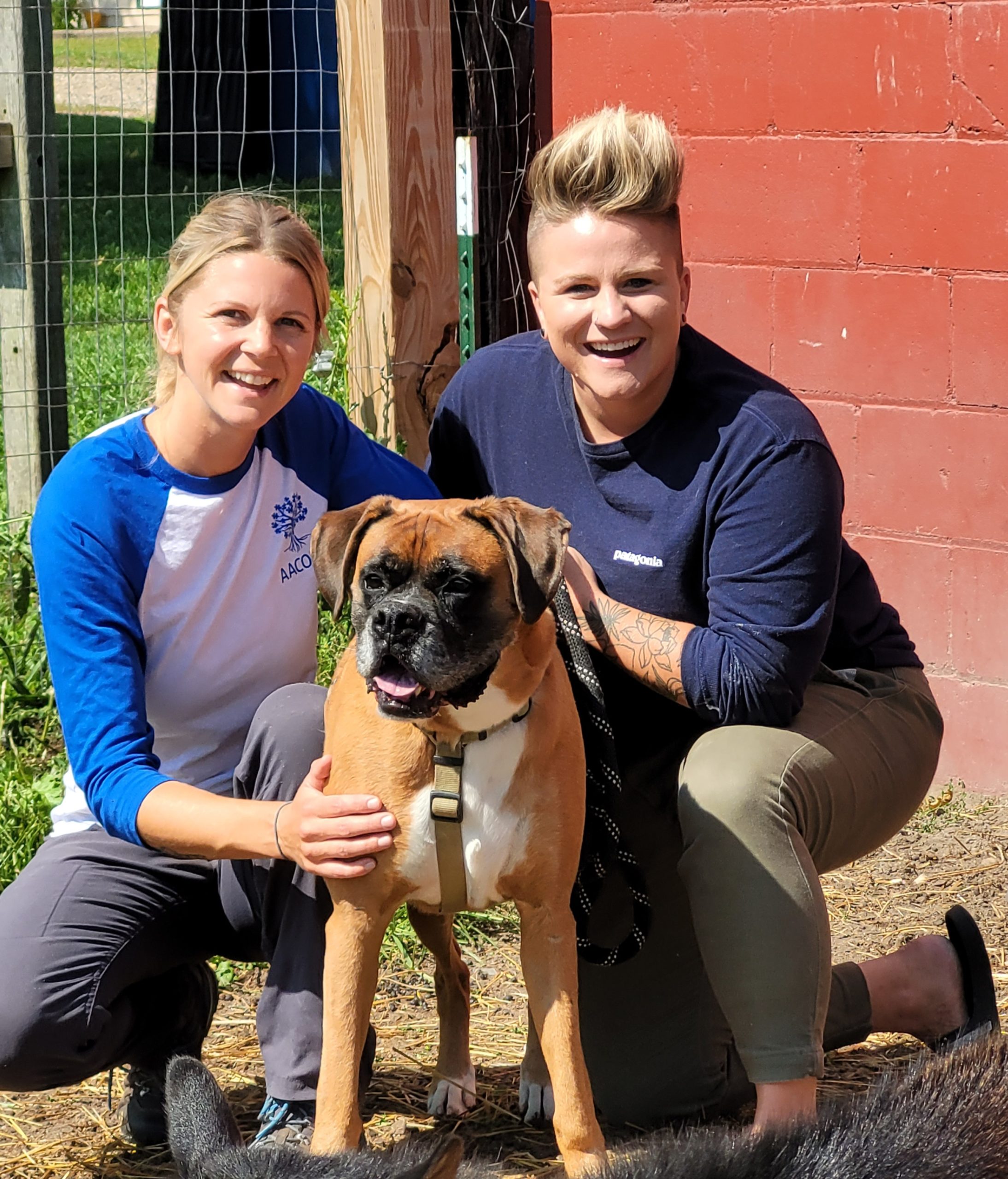 Athens and Erin pose with their dog, Moose on the farm.